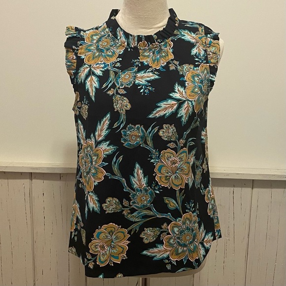 J. Crew Factory Tops - NWT J Crew Small Navy Blue Floral Ruffleneck Sleeveless Blouse